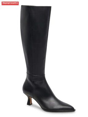 Kitten Low Heel Knee High Boots Pointed Toe PU Leather Tall Dress Shoes
